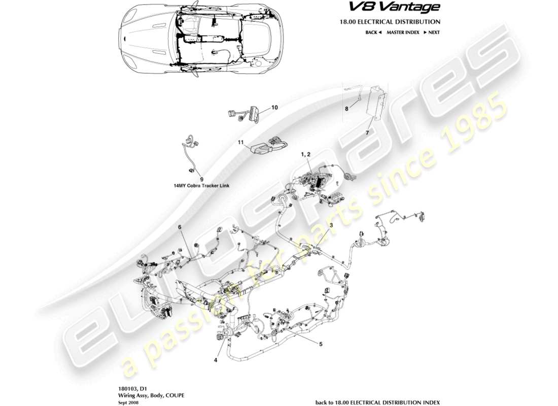aston martin v8 vantage (2018) imbracatura per il corpo, diagramma delle parti del coupé