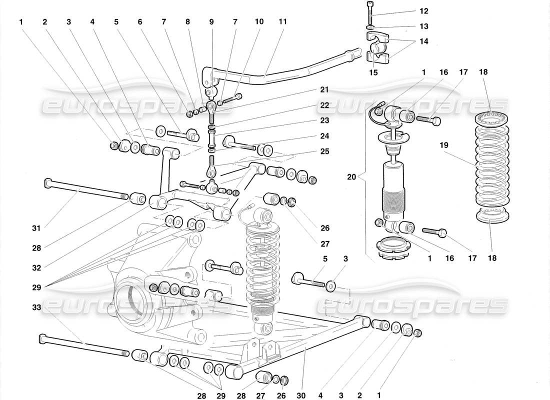 lamborghini diablo roadster (1998) diagramma delle parti della sospensione posteriore