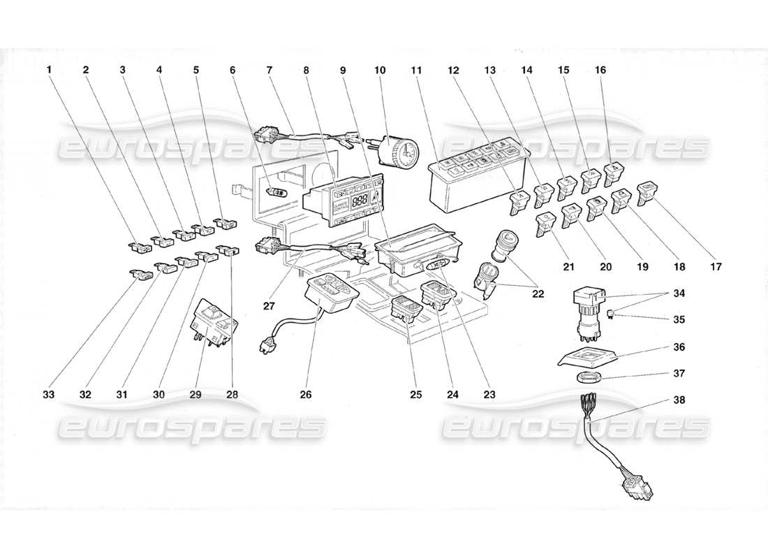 lamborghini diablo roadster (1998) diagramma delle parti degli strumenti del pannello tunnel