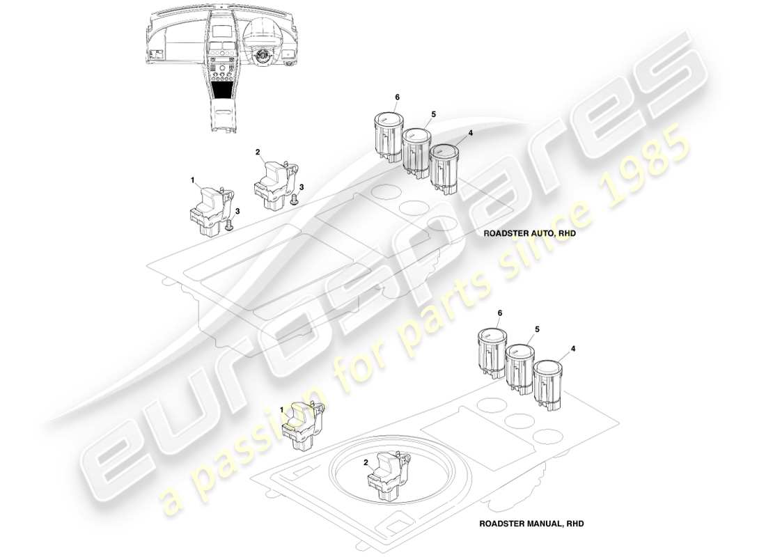aston martin v8 vantage (2005) interruttori console, diagramma delle parti roadster