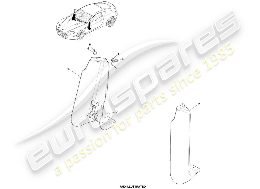 aston martin v8 vantage (2007) rivestimento laterale del cappuccio, diagramma della parte inferiore