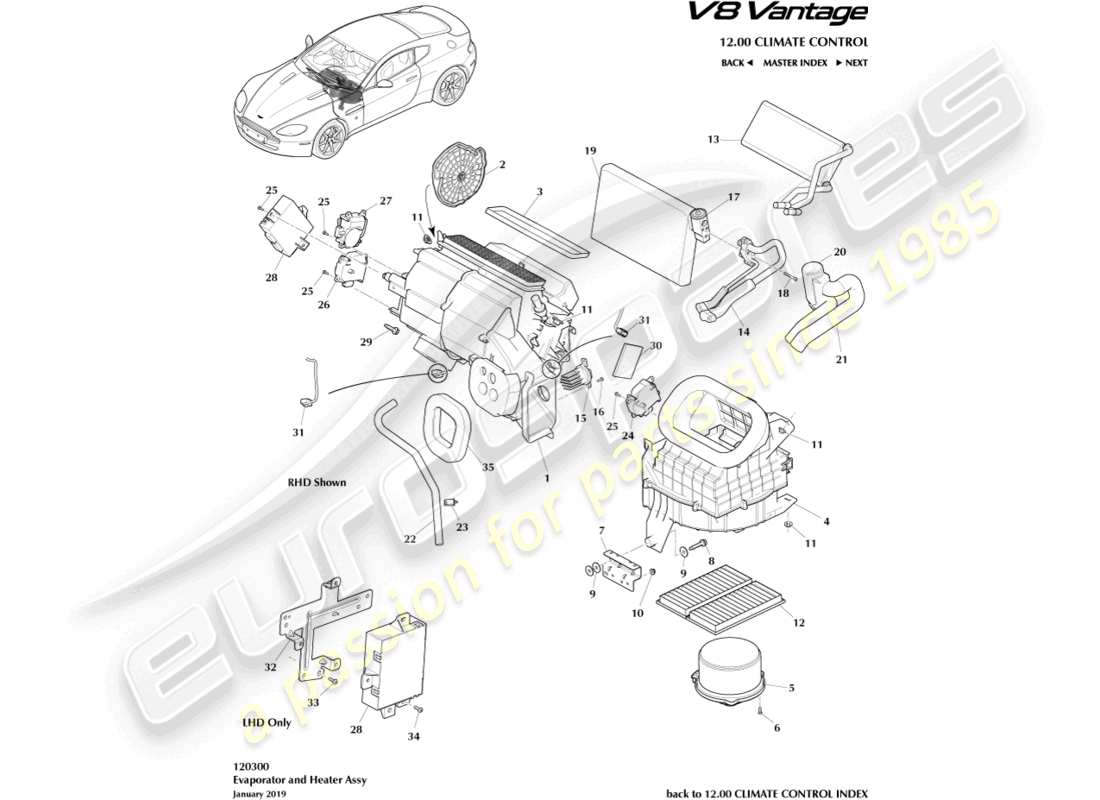 aston martin v8 vantage (2012) diagramma delle parti dell'evaporatore e del riscaldatore