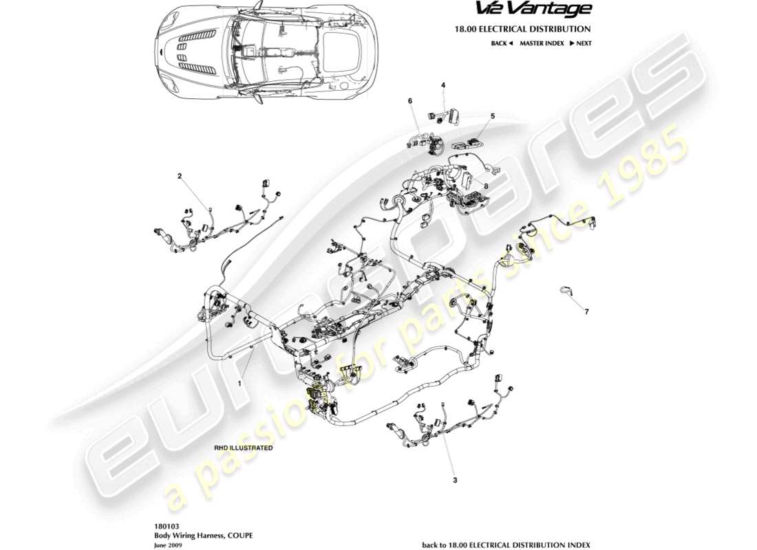 aston martin v12 vantage (2010) imbracatura per il corpo, diagramma delle parti del coupé