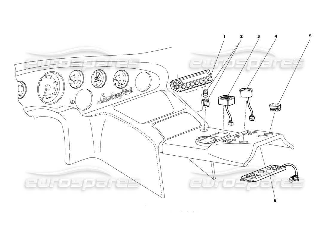 lamborghini diablo 6.0 (2001) diagramma delle parti degli strumenti del pannello tunnel