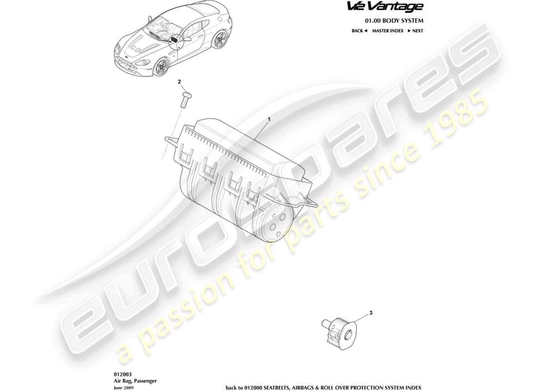 aston martin v12 vantage (2010) schema delle parti dell'airbag passeggero