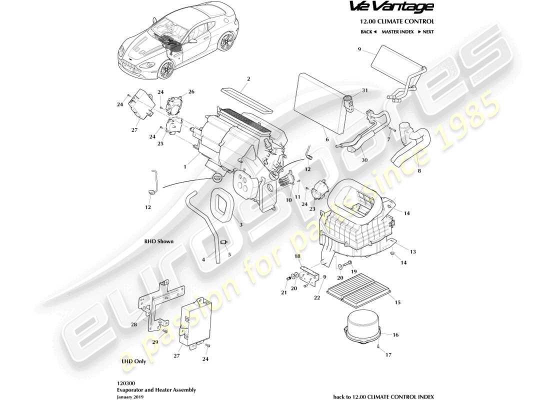 aston martin v12 vantage (2010) diagramma delle parti dell'evaporatore e del riscaldatore