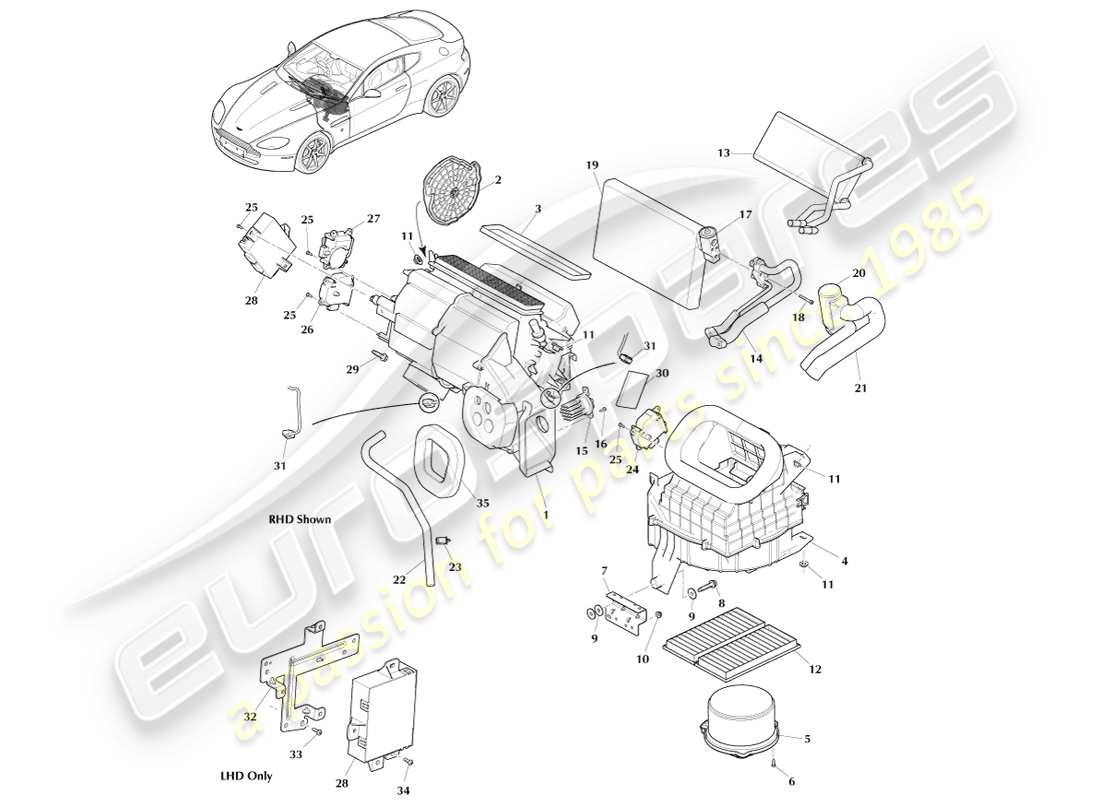 aston martin v8 vantage (2005) diagramma delle parti dell'evaporatore e del riscaldatore