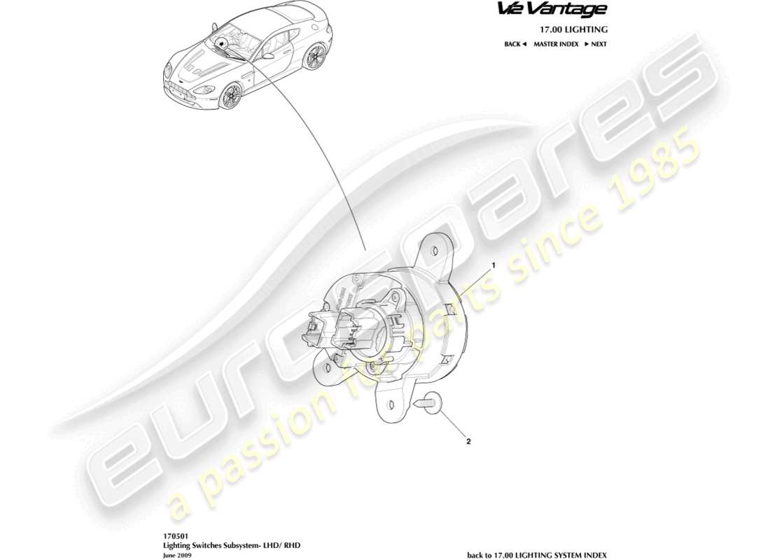 aston martin v12 vantage (2011) diagramma delle parti dell'interruttore di illuminazione
