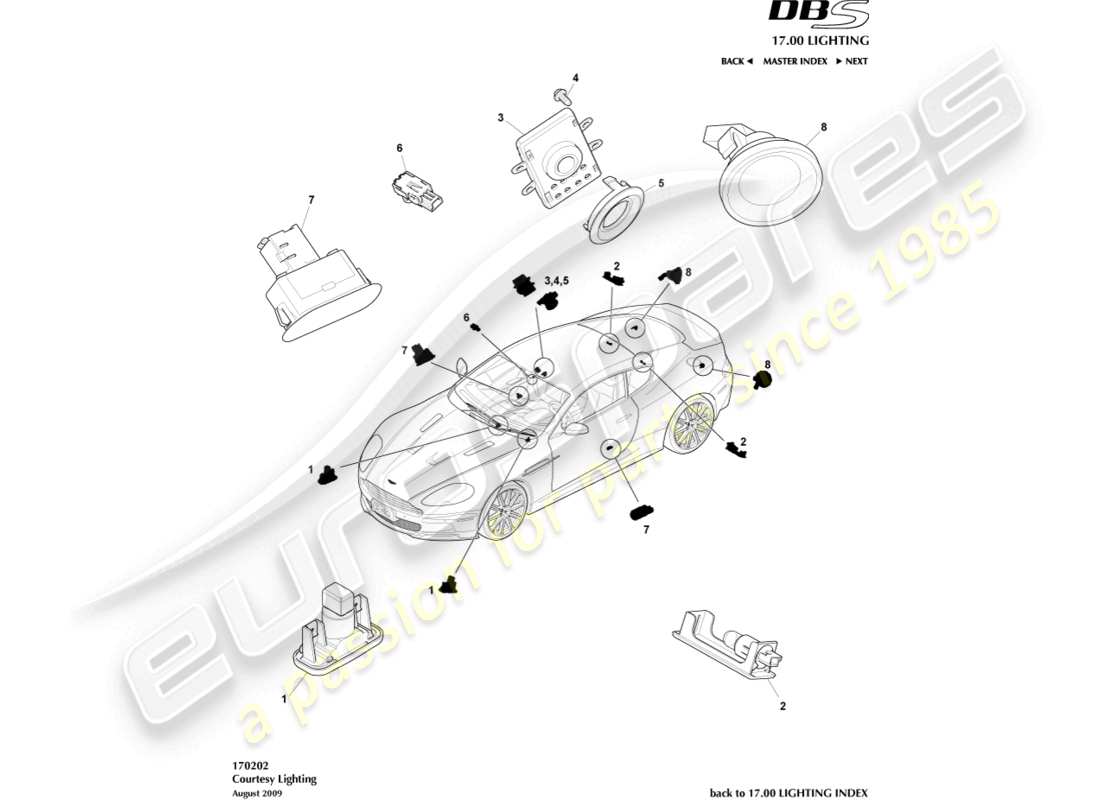 aston martin dbs (2013) diagramma delle parti dell'illuminazione di cortesia
