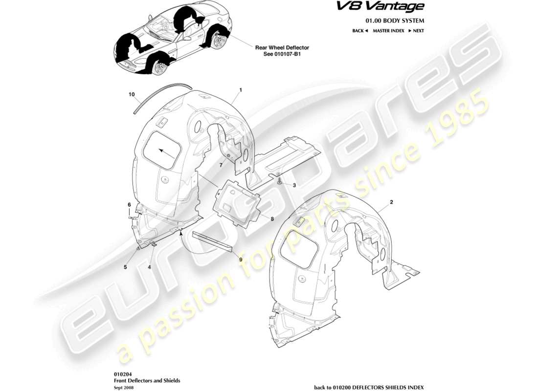 aston martin v8 vantage (2012) diagramma delle parti dei passaruota anteriori