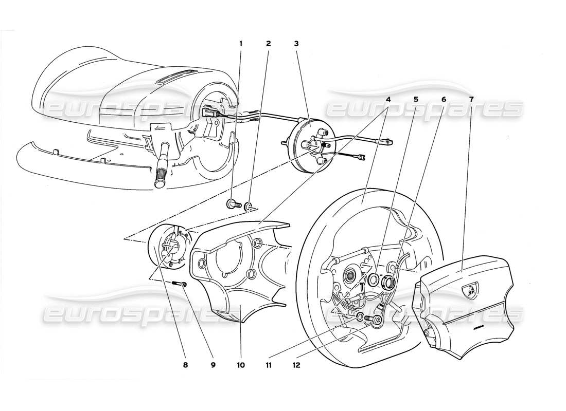 lamborghini diablo gt (1999) schema delle parti del sistema di sterzo con airbag