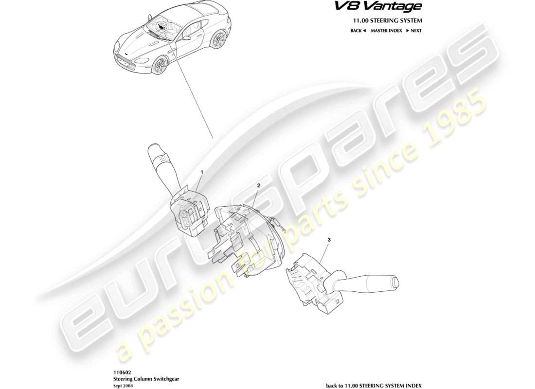 aston martin v8 vantage (2012) interruttore piantone dello sterzo schema delle parti