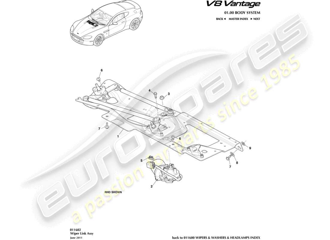 aston martin v8 vantage (2012) diagramma delle parti del gruppo di collegamento del tergicristallo