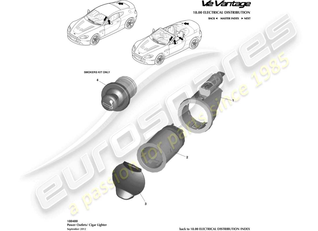 aston martin v12 vantage (2011) accendisigari, diagramma delle parti della presa ausiliaria