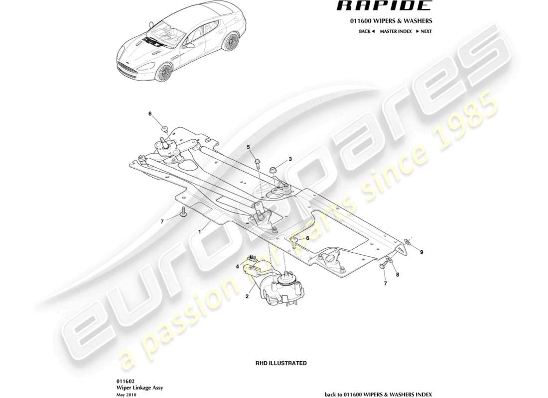 aston martin rapide (2010) collegamento del tergicristallo diagramma delle parti