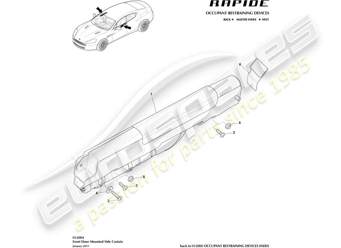 aston martin rapide (2012) diagramma delle parti dell'airbag a tendina laterale anteriore