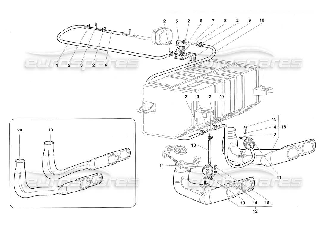 lamborghini diablo roadster (1998) diagramma delle parti del sistema di scarico