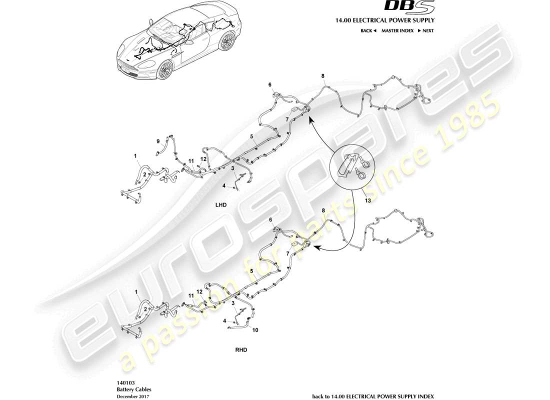 aston martin dbs (2013) diagramma delle parti dei cavi della batteria