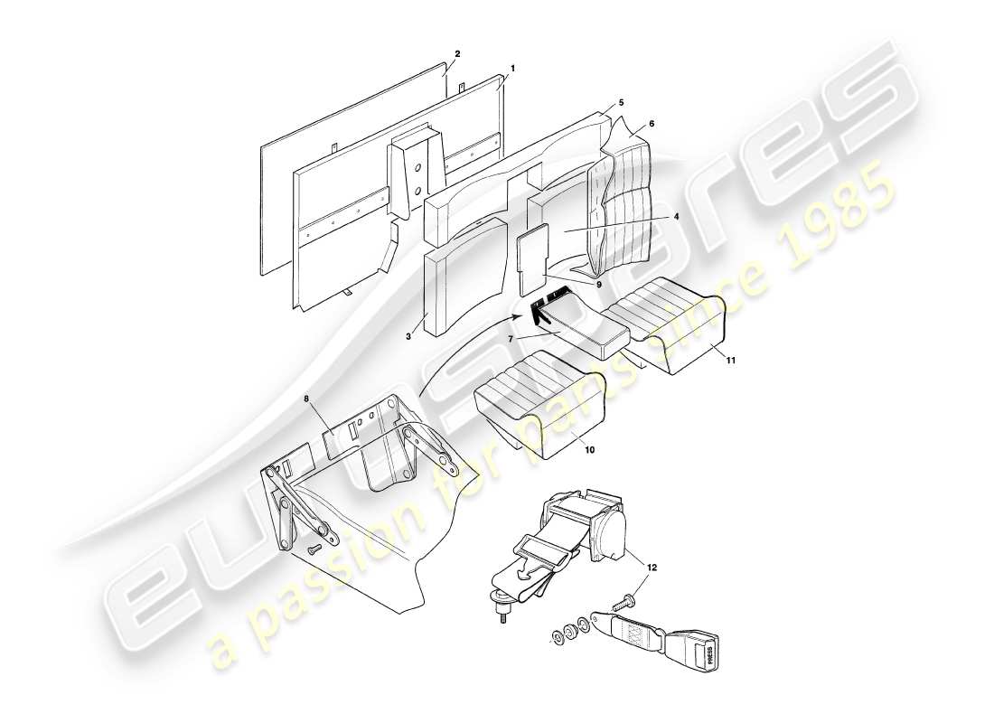 aston martin v8 coupe (2000) diagramma delle parti dei sedili posteriori e delle cinture