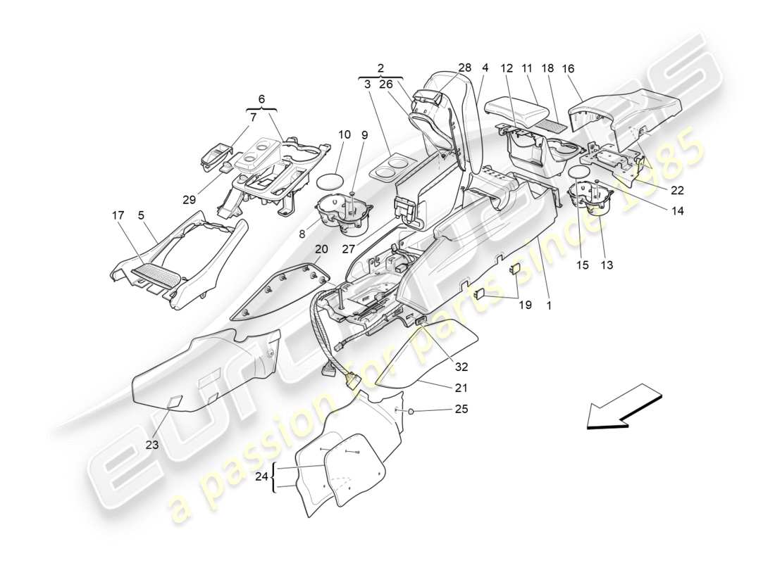 maserati granturismo s (2017) schema delle parti della console accessoria e della console centrale