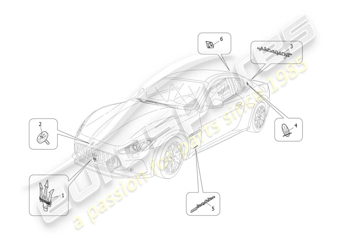 maserati granturismo s (2019) diagramma delle parti di finiture, marchi e simboli