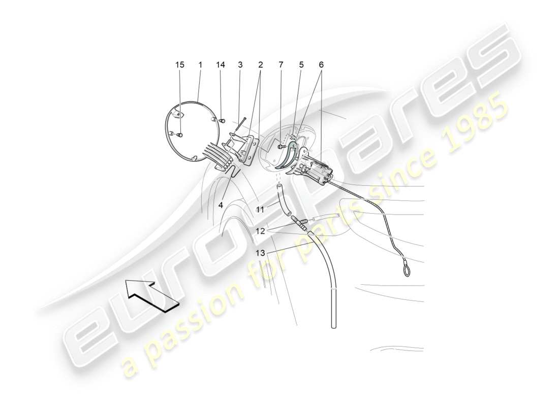 maserati granturismo (2010) schema delle parti dello sportello del serbatoio del carburante e dei controlli