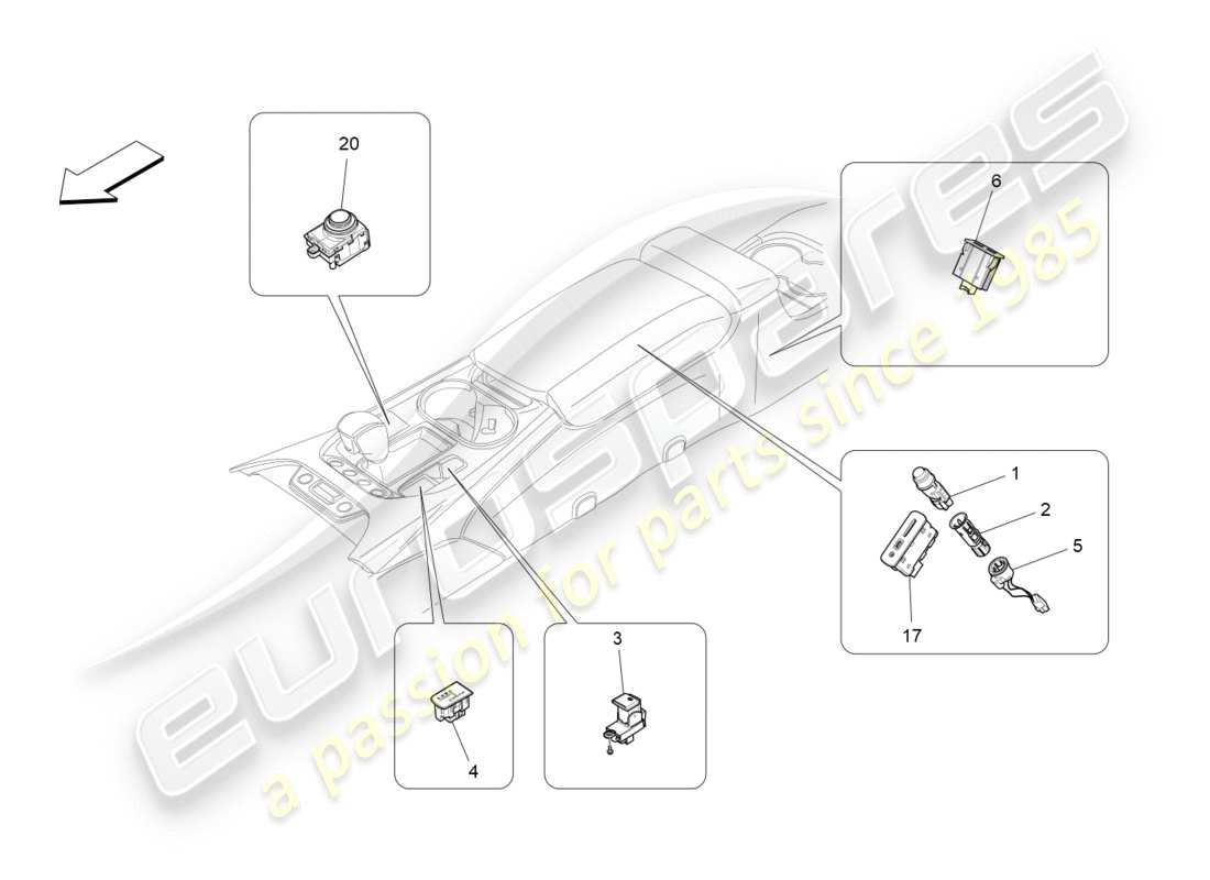 maserati granturismo s (2020) dispositivi della console centrale diagramma delle parti