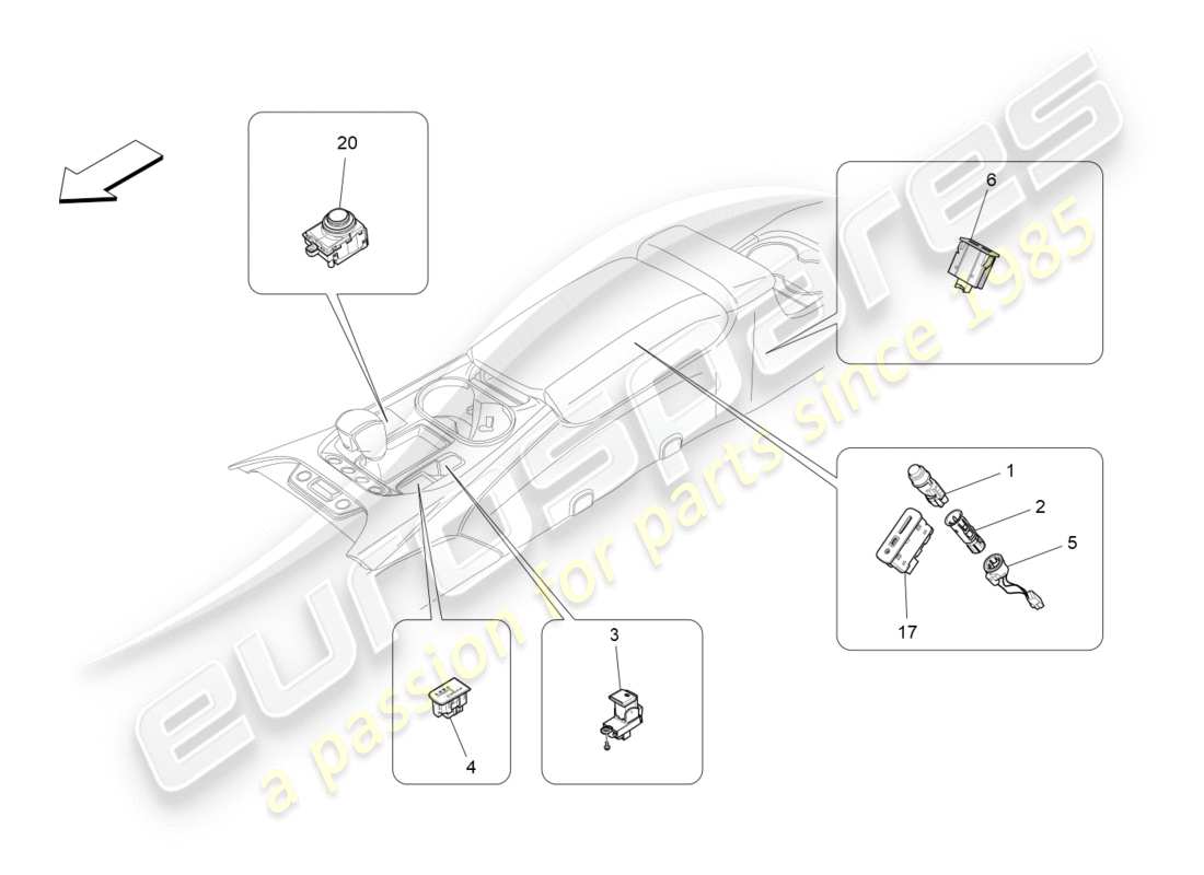 maserati granturismo s (2020) diagramma delle parti dei dispositivi della console centrale