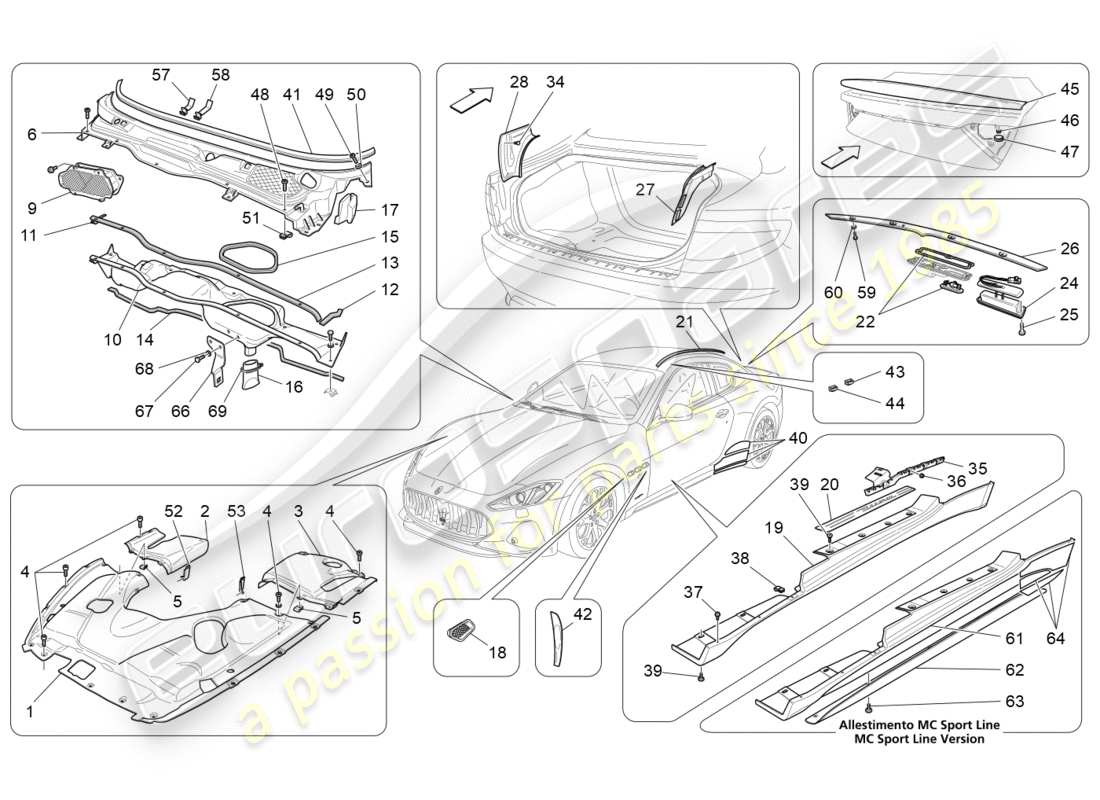 maserati granturismo s (2019) schema delle parti di scudi, finiture e pannelli di copertura