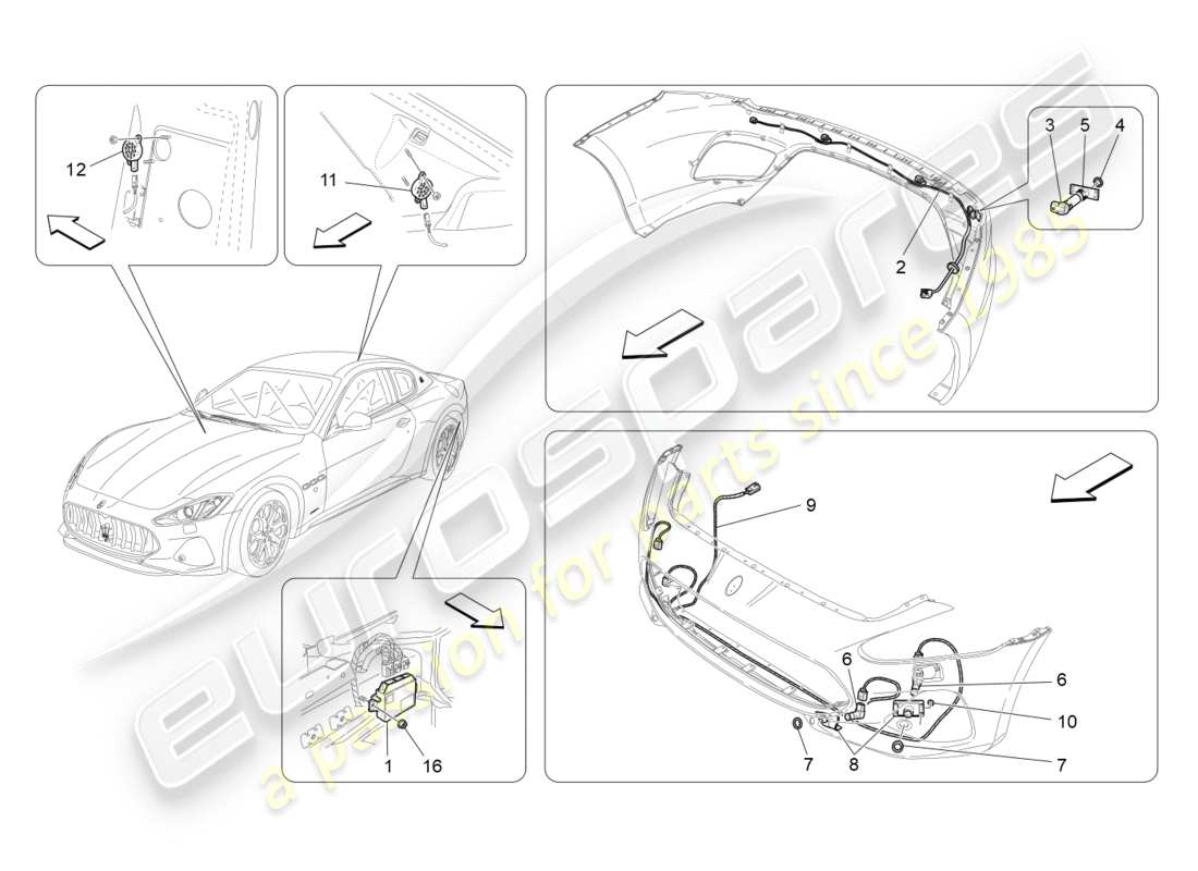 maserati granturismo s (2019) diagramma delle parti dei sensori di parcheggio