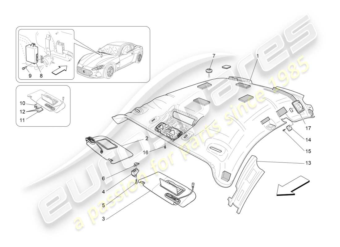 maserati granturismo s (2019) diagramma delle parti del tetto e delle alette parasole