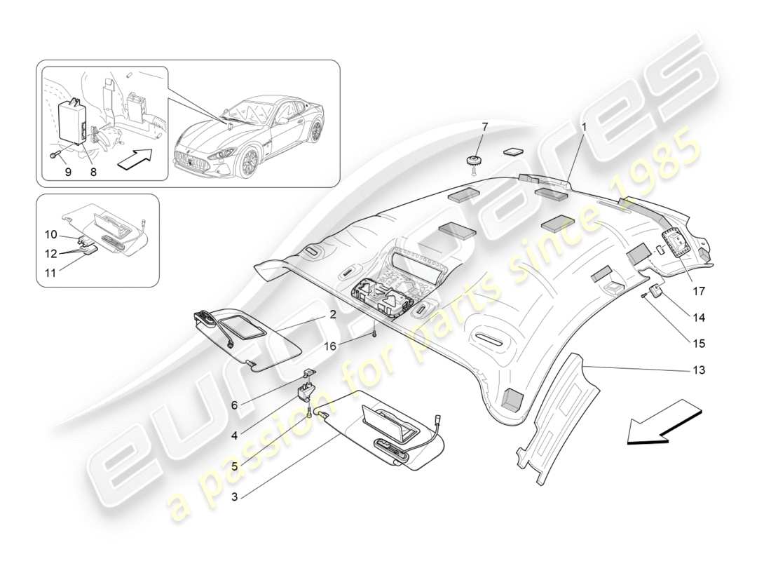 maserati granturismo s (2018) diagramma delle parti del tetto e delle alette parasole