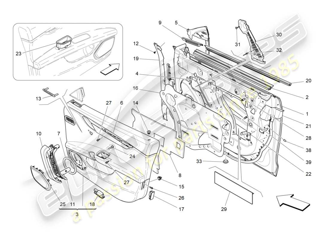 maserati qtp 3.0 tds v6 275hp (2015) porte anteriori: diagramma delle parti dei pannelli di rivestimento
