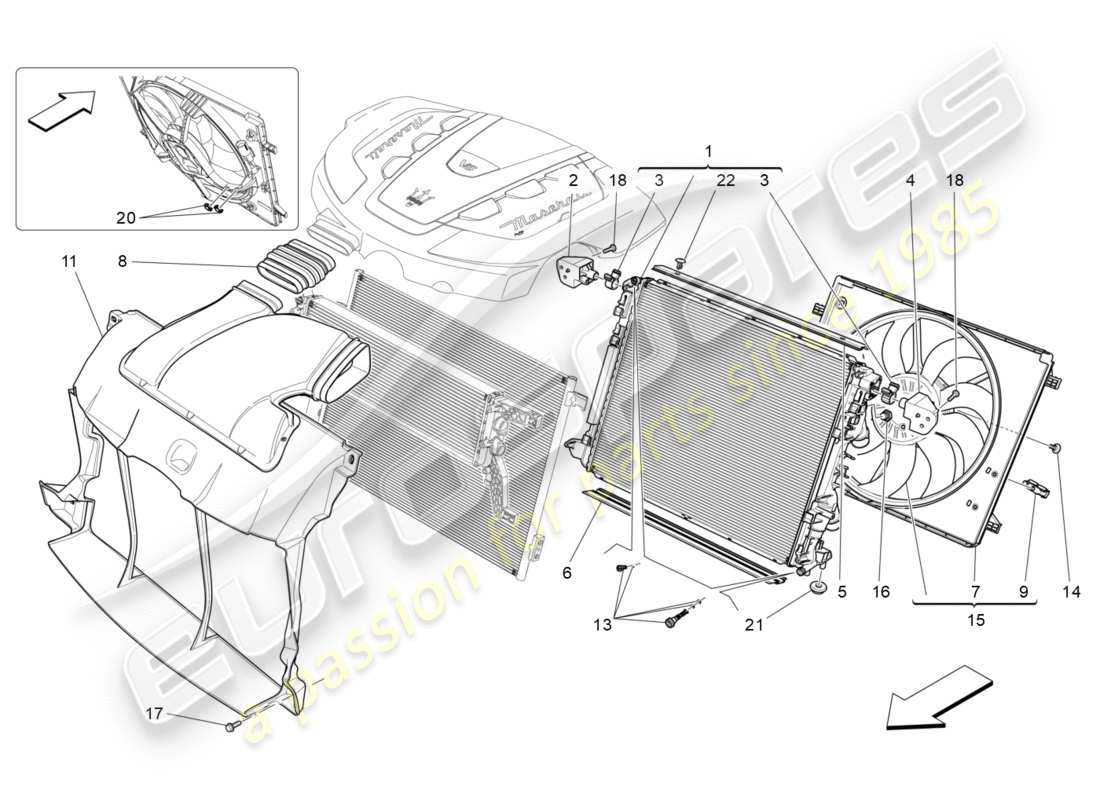 maserati qtp 3.0 tds v6 275hp (2015) raffreddamento: diagramma delle parti dei radiatori dell'aria e dei condotti