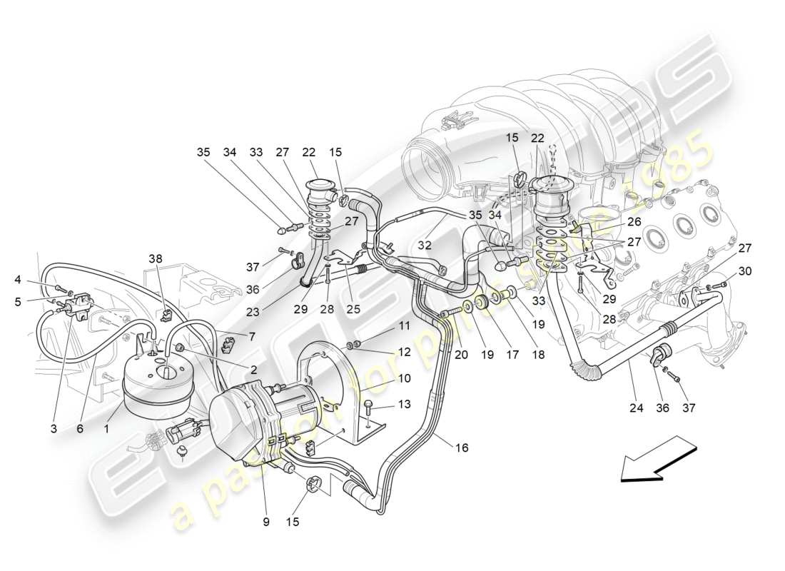 maserati granturismo (2010) diagramma delle parti del sistema d'aria aggiuntivo