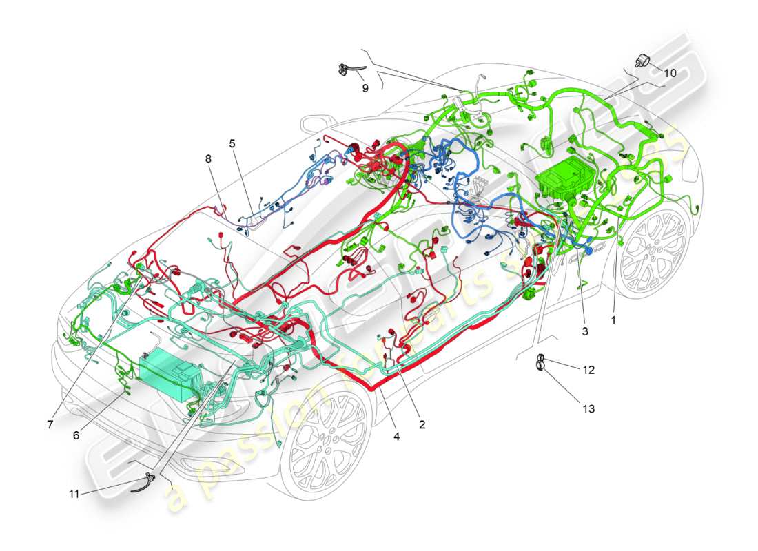 maserati granturismo s (2016) schema delle parti del cablaggio principale