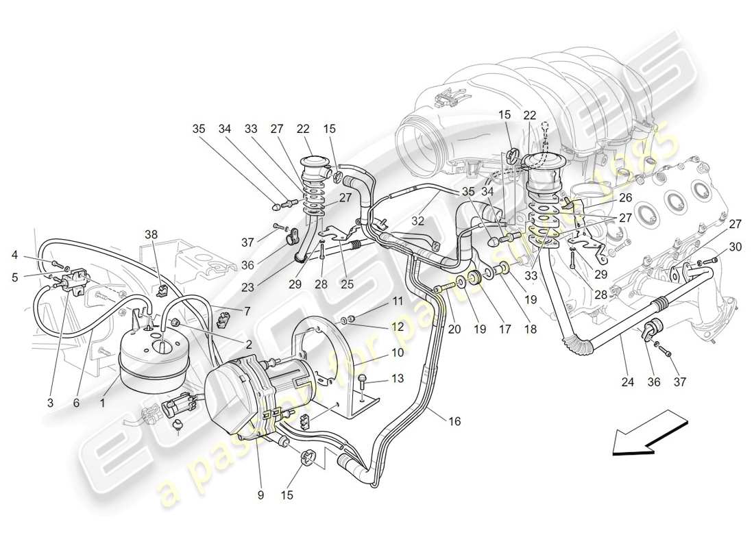 maserati granturismo (2009) diagramma delle parti del sistema d'aria aggiuntivo