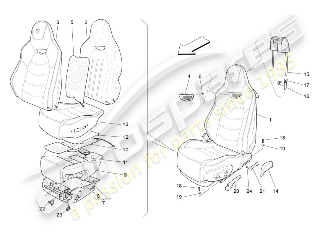 maserati granturismo s (2016) sedili anteriori: schema delle parti dei pannelli di rivestimento