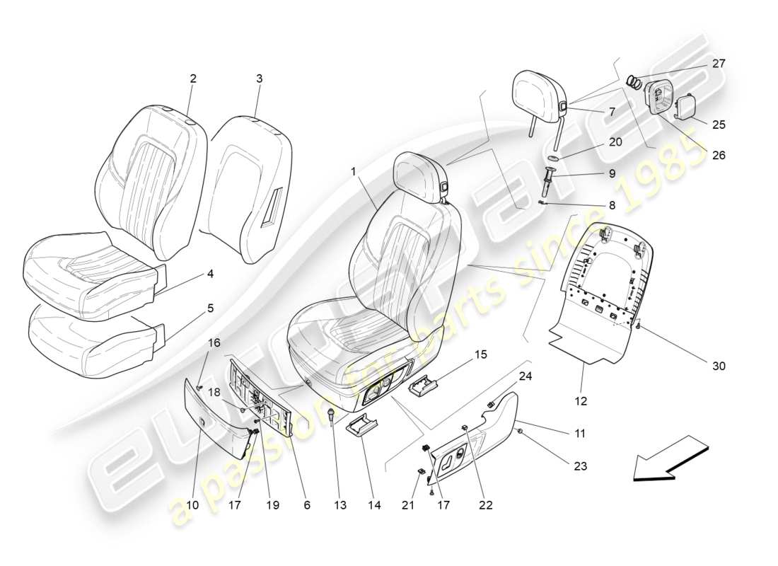 maserati qtp 3.0 tds v6 275hp (2015) sedili anteriori: schema delle parti dei pannelli di rivestimento