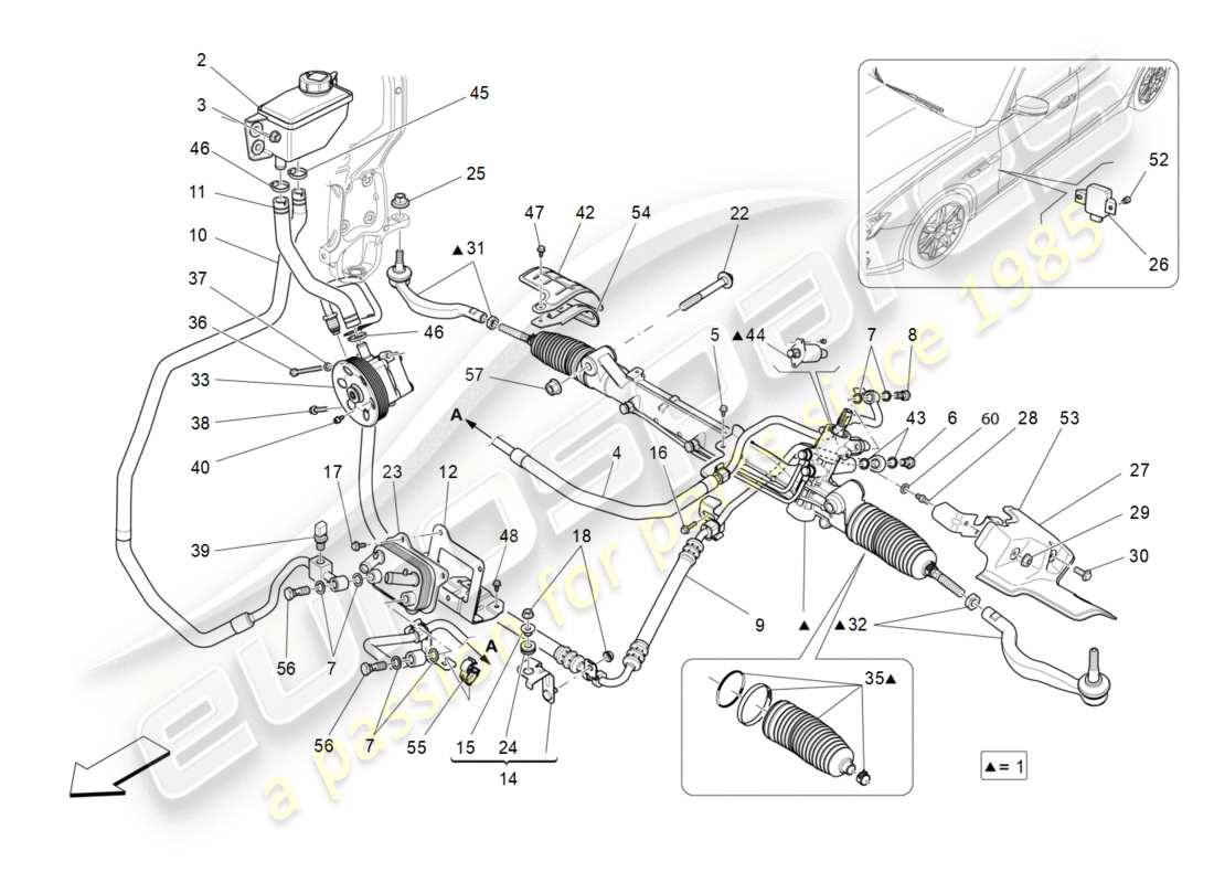 maserati qtp 3.0 bt v6 410hp (2014) unità cremagliera sterzo completa schema delle parti