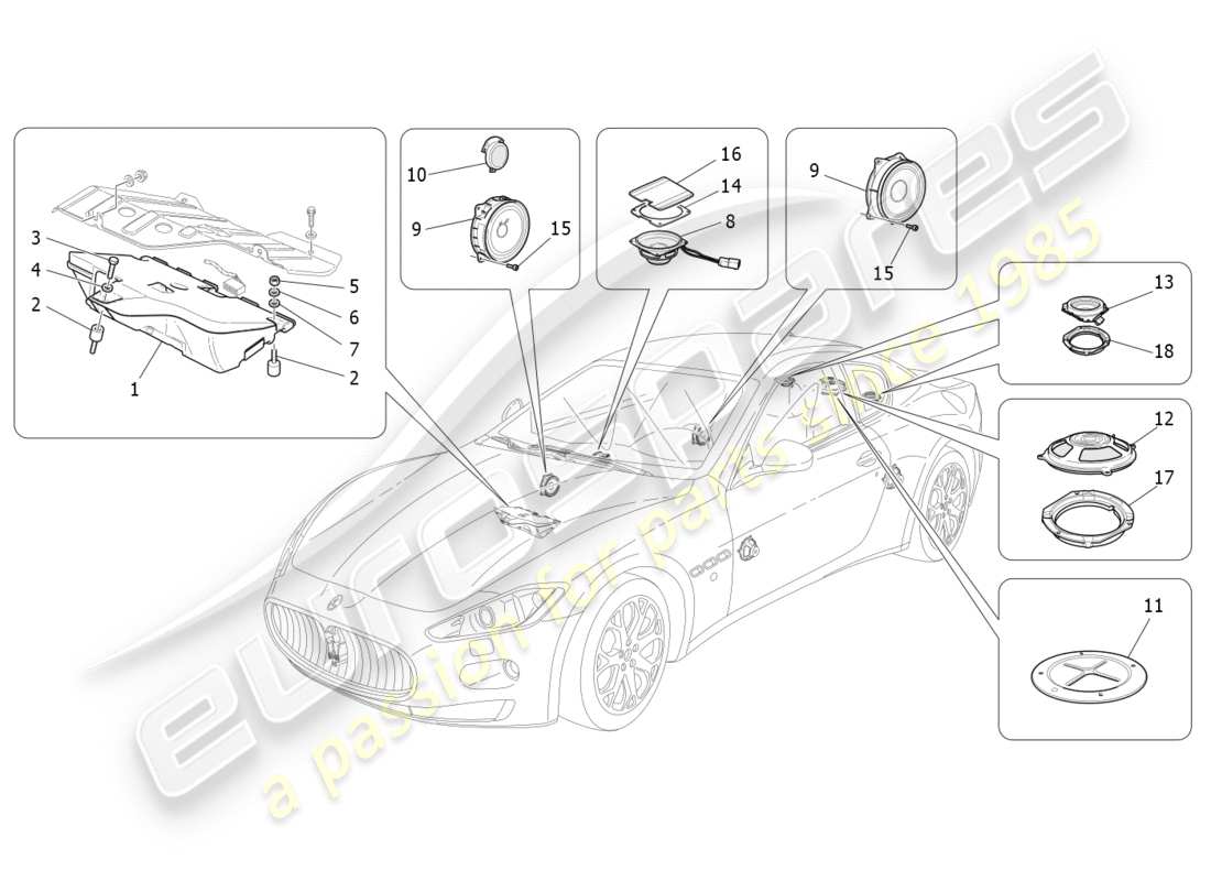 maserati granturismo s (2014) sistema di diffusione sonora diagramma delle parti