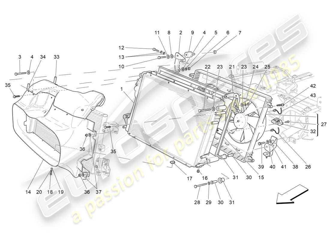maserati granturismo (2011) raffreddamento: diagramma delle parti dei radiatori dell'aria e dei condotti