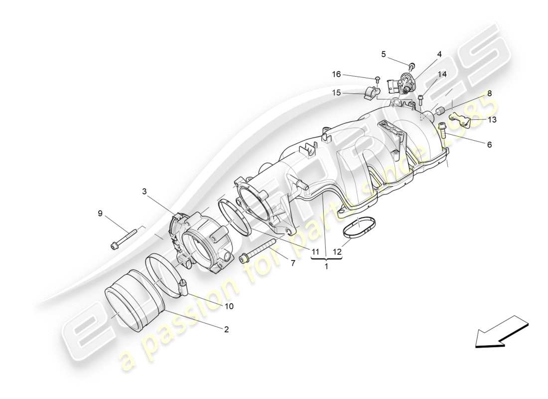 maserati qtp 3.0 bt v6 410hp (2014) schema della parte del collettore di aspirazione e del corpo farfallato