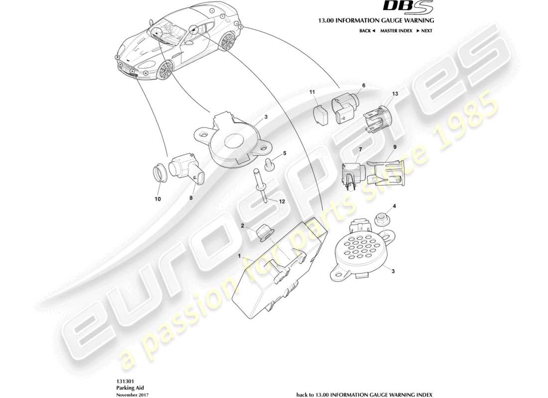 aston martin dbs (2013) diagramma delle parti dei sensori di parcheggio