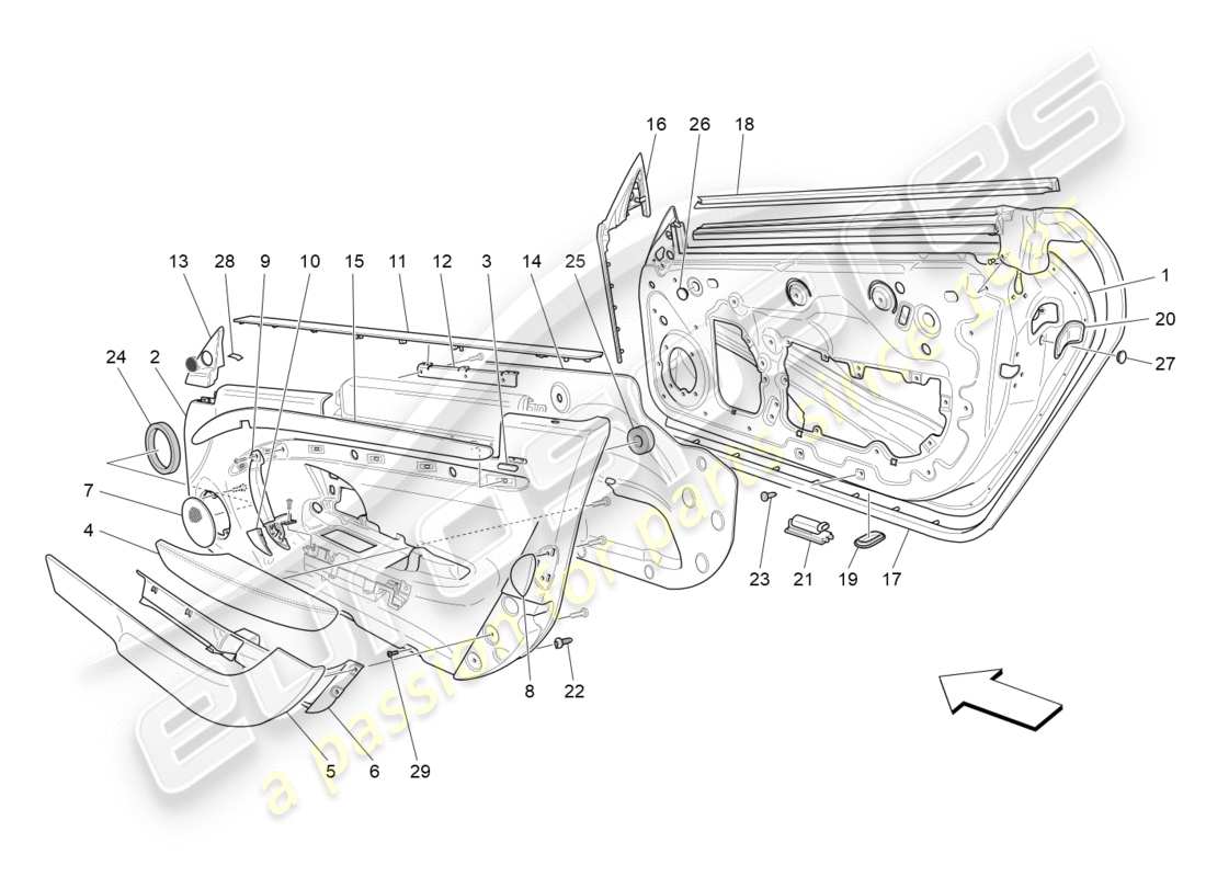 maserati granturismo (2010) porte anteriori: diagramma delle parti dei pannelli di rivestimento