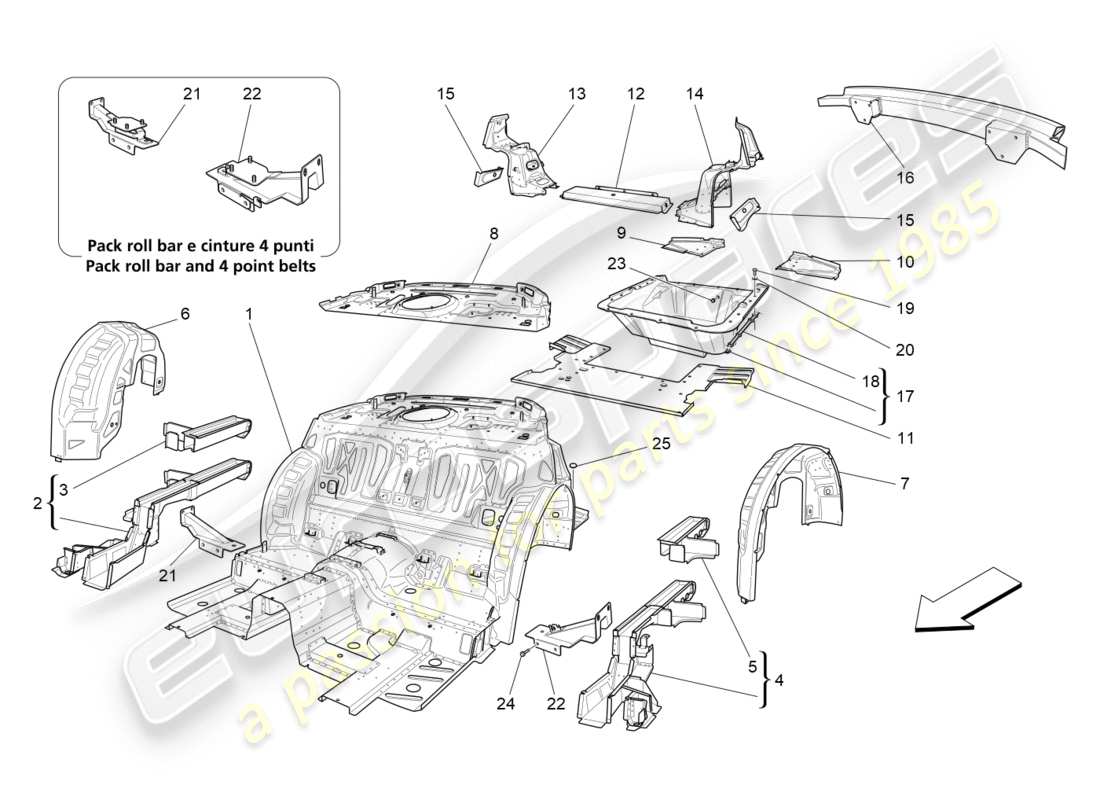 maserati qtp 3.0 tds v6 275hp (2015) schema delle parti dei telai strutturali posteriori e dei pannelli in lamiera