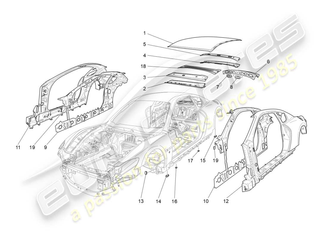 maserati granturismo (2016) carrozzeria e pannelli di rivestimento esterni centrali diagramma delle parti