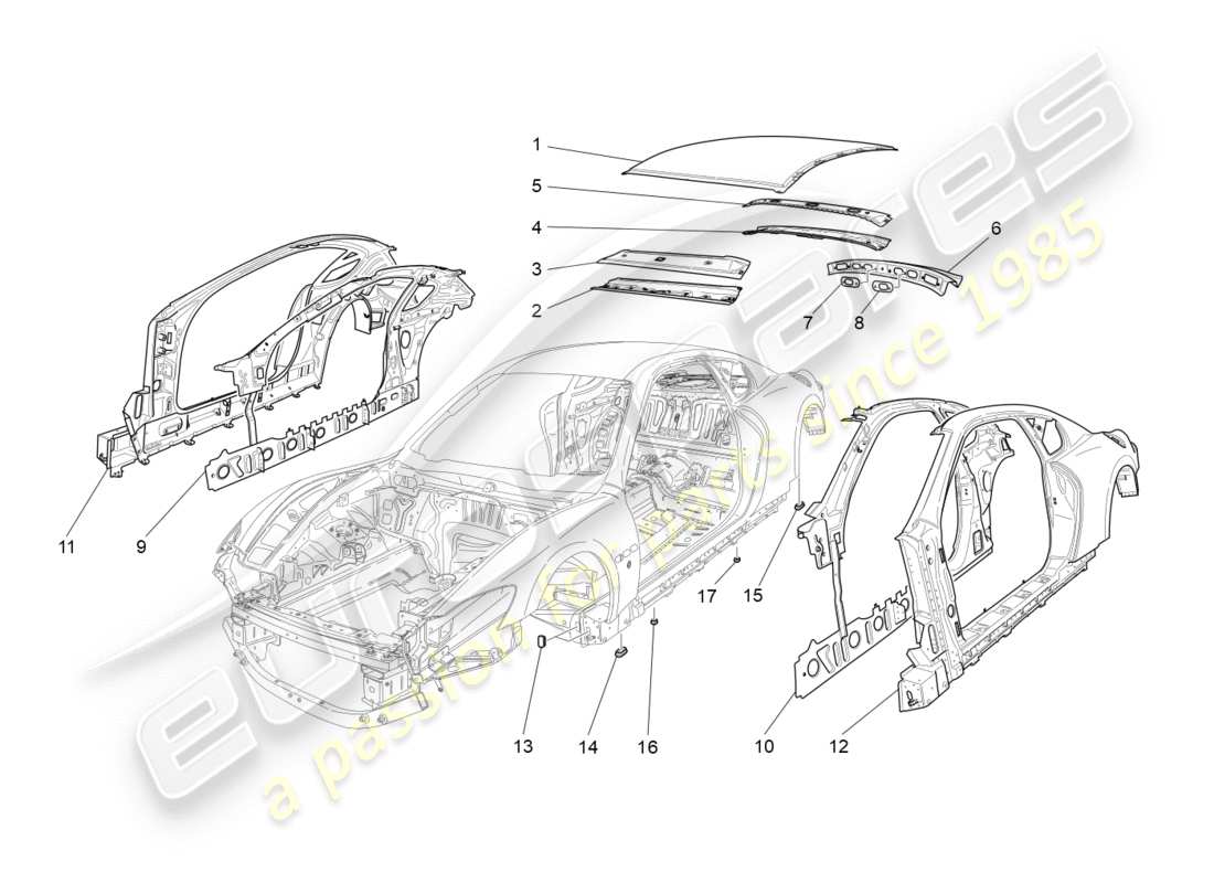 maserati granturismo (2010) schema delle parti della carrozzeria e dei pannelli di rivestimento esterni centrali