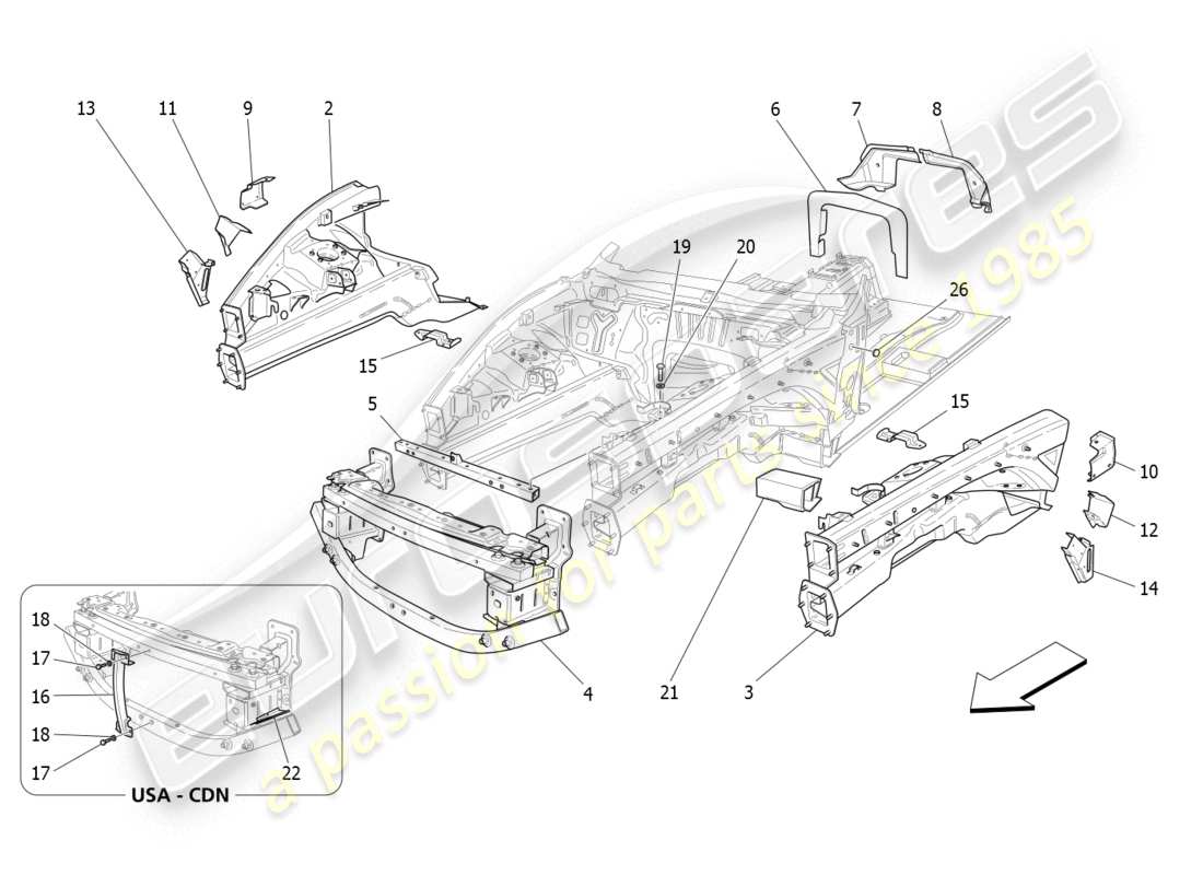 maserati granturismo (2008) schema delle parti dei telai strutturali anteriori e dei pannelli in lamiera