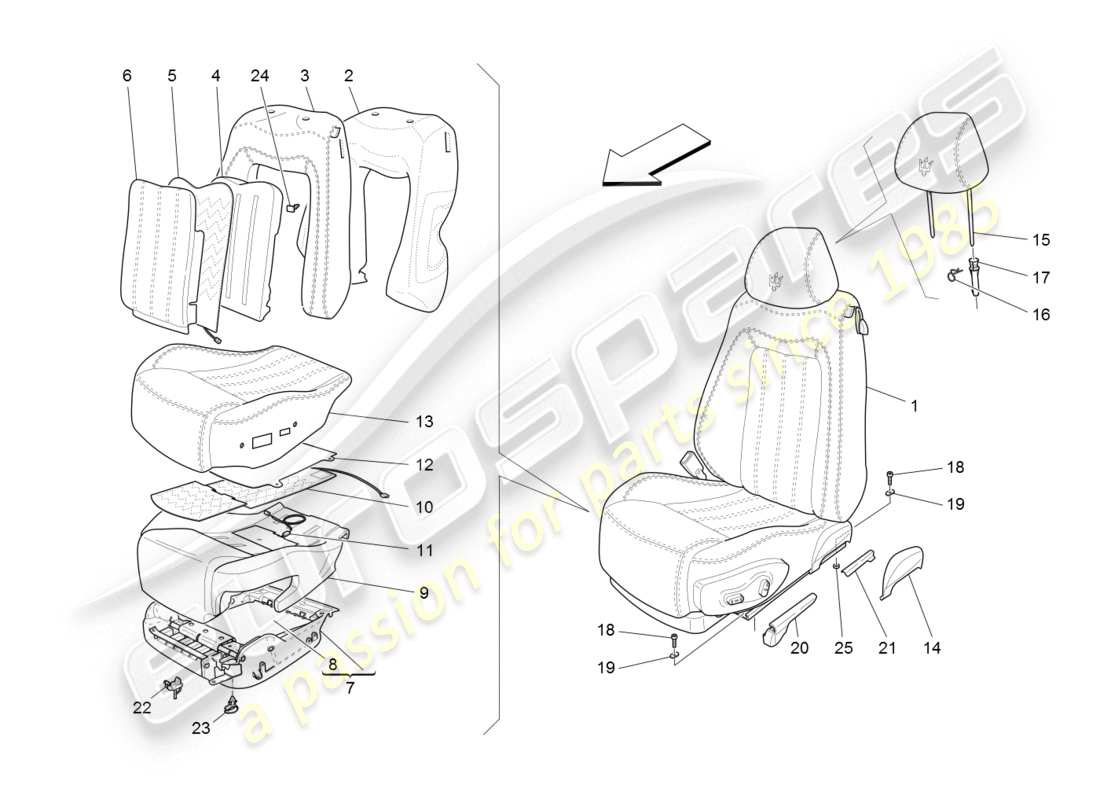 maserati granturismo (2008) sedili anteriori: pannelli di rivestimento diagramma delle parti